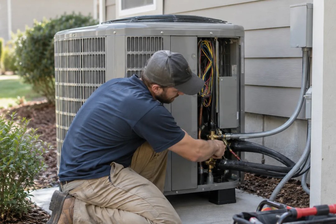 Northwest Arkansas HVAC services, Technician performing AC repair diagnostics in a Northwest Arkansas - AR attic with testing equipment