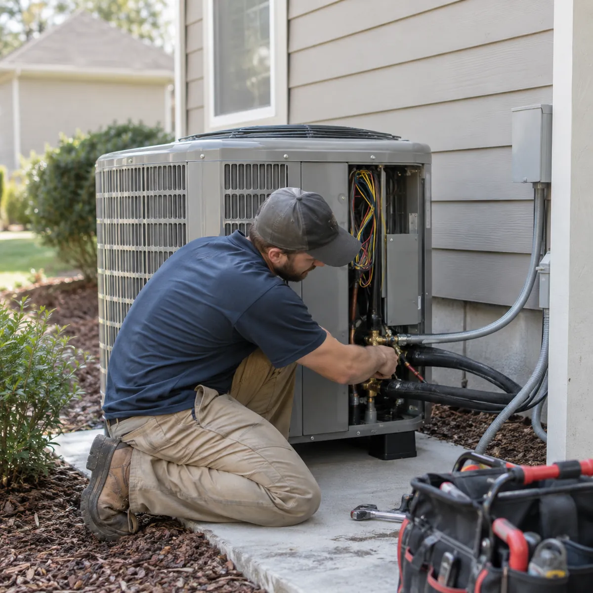 AC Installation in Bella Vista - AR underway as technicians position a new outdoor condenser beside a home