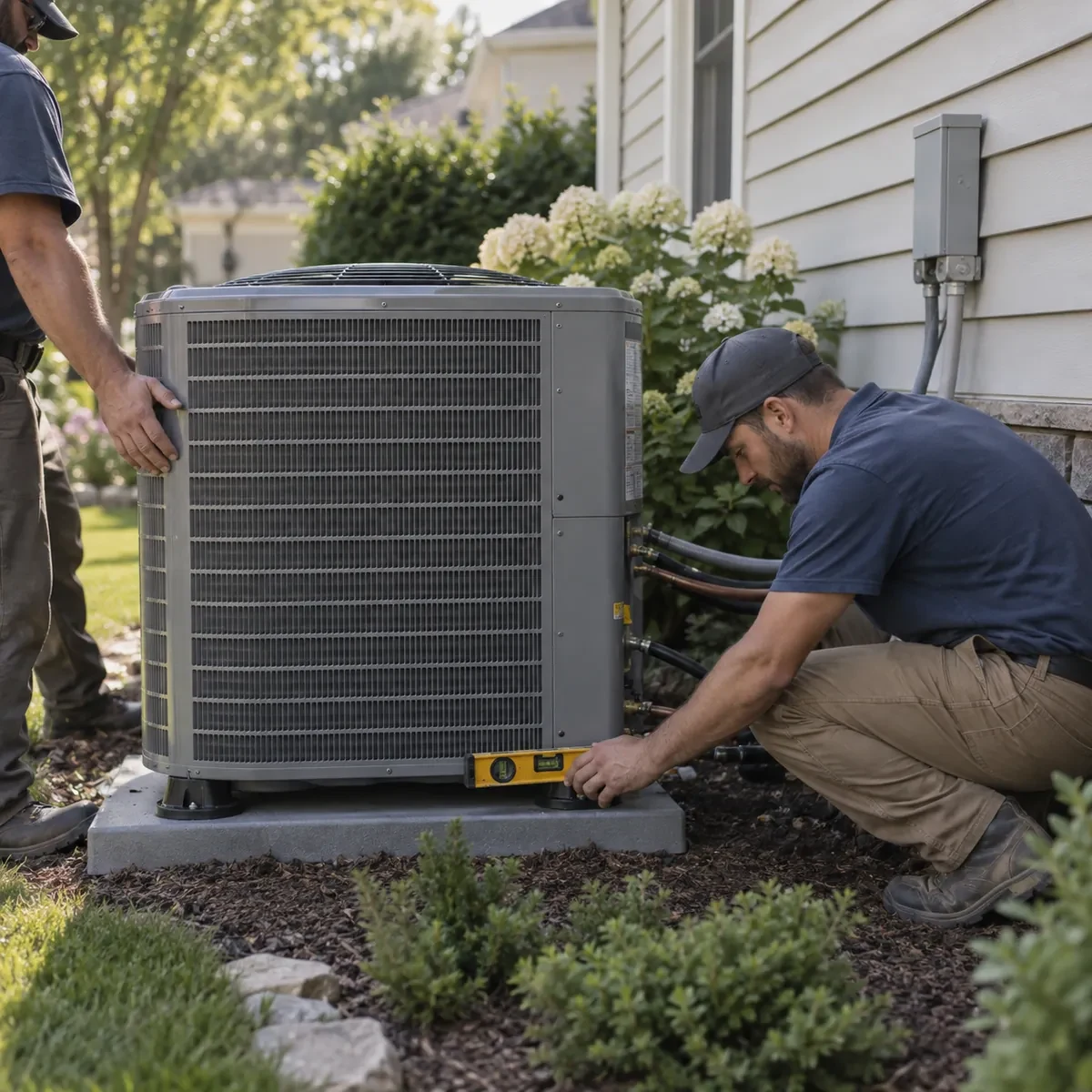 AC Installation in Fayetteville - AR in progress as technicians connect a new condenser outside a brick home