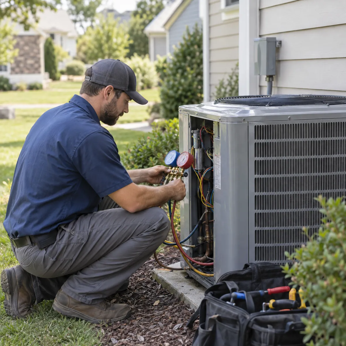 Technician performing AC repair diagnostics in a Bentonville - AR home while checking refrigerant and airflow