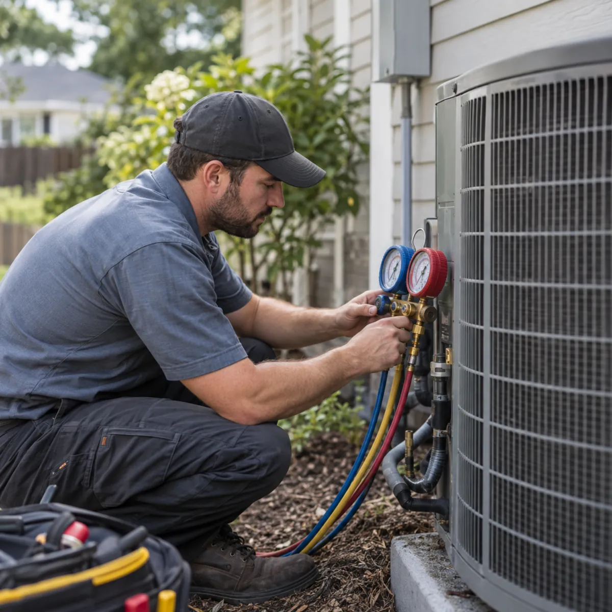 Technician reading manifold gauges on an outdoor condenser during AC repair in Bella Vista - AR