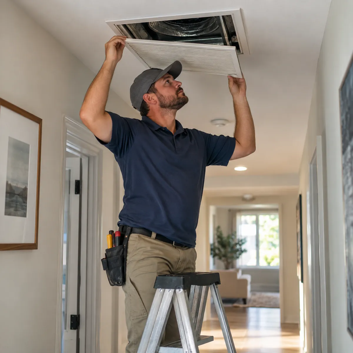 Technician checking a ceiling air vent in a home hallway during AC repair in Fayetteville - AR