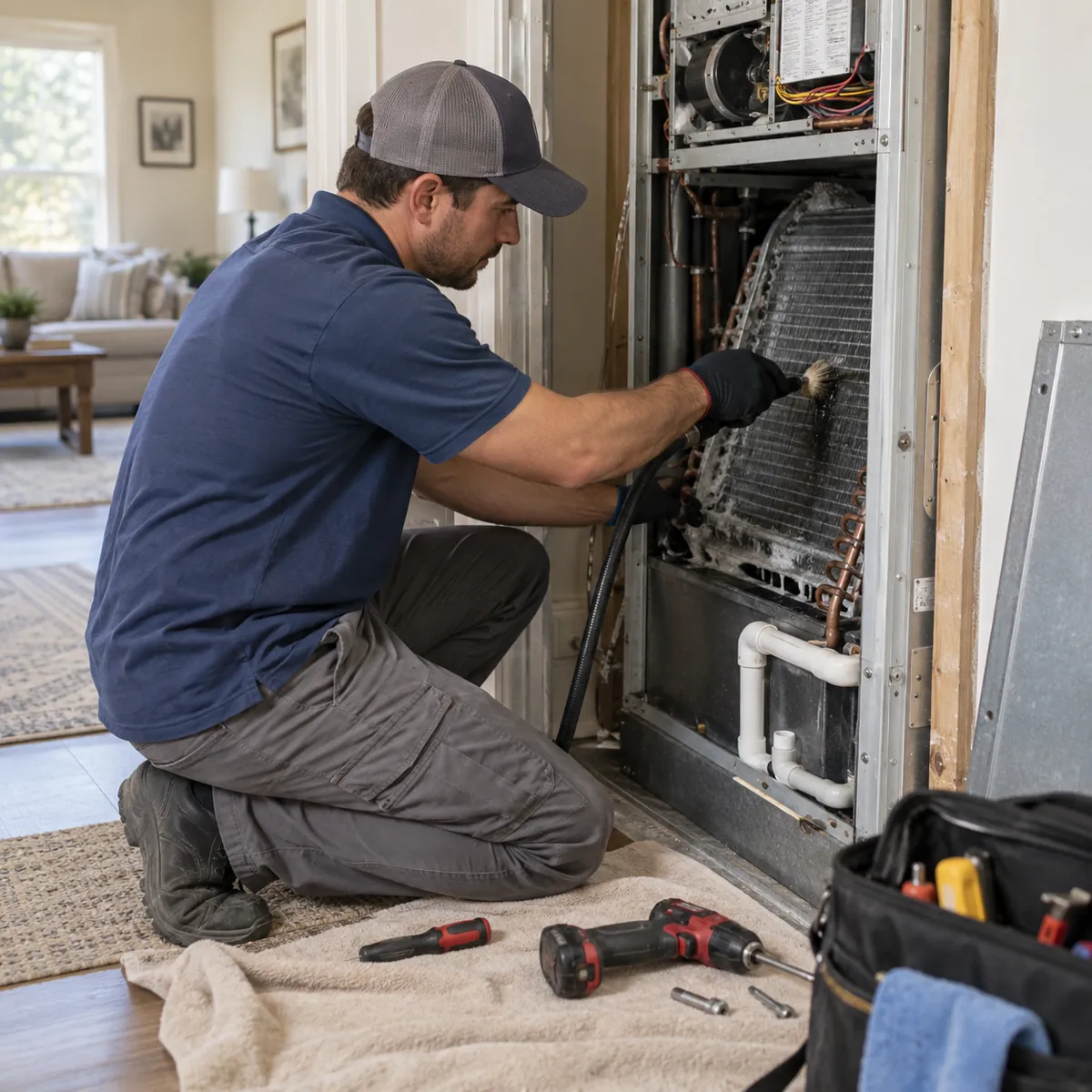 Gloved technician cleaning the indoor evaporator coil as part of AC repair in Bella Vista - AR