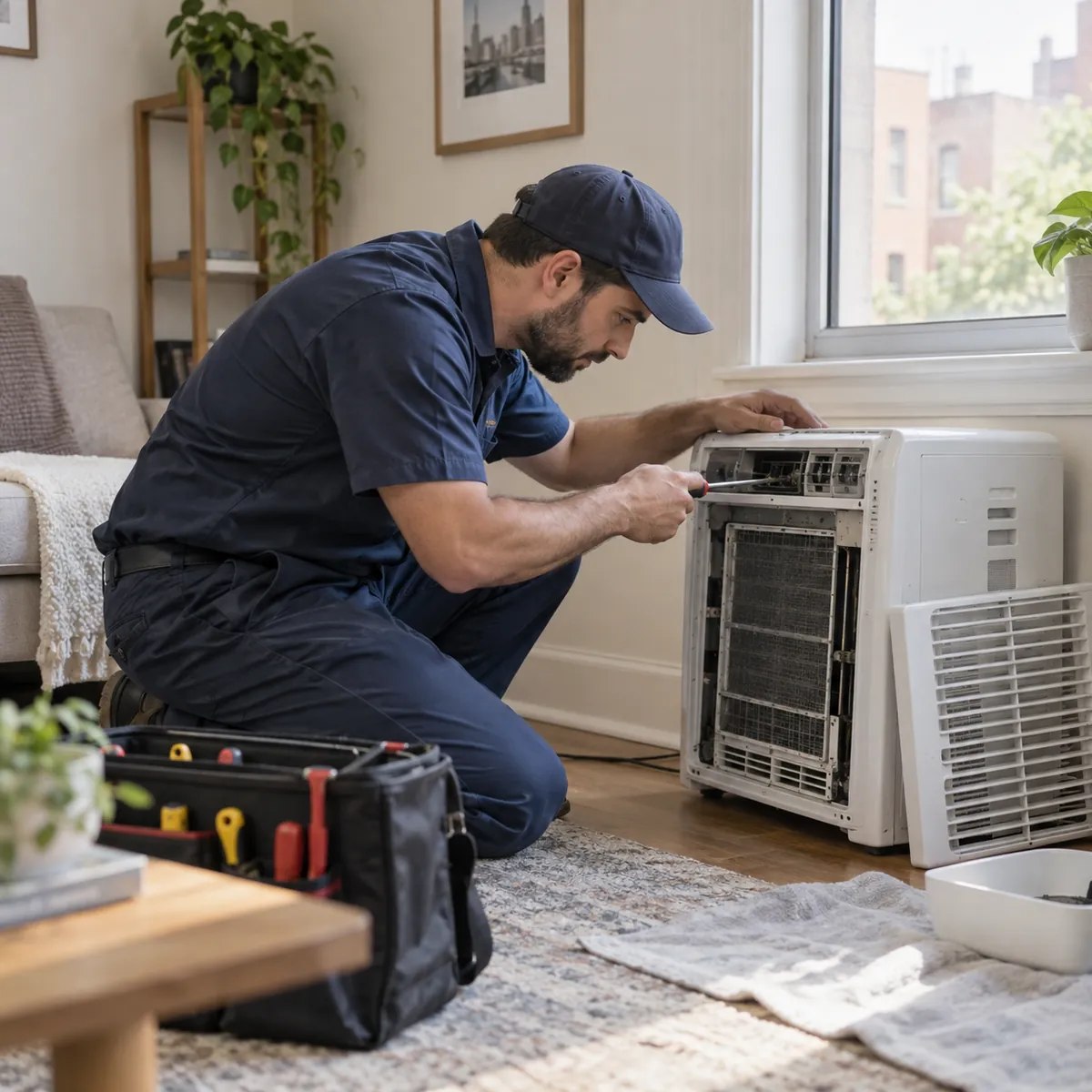 Technician opening the front panel of an indoor cooling unit for AC repair in Springdale - AR