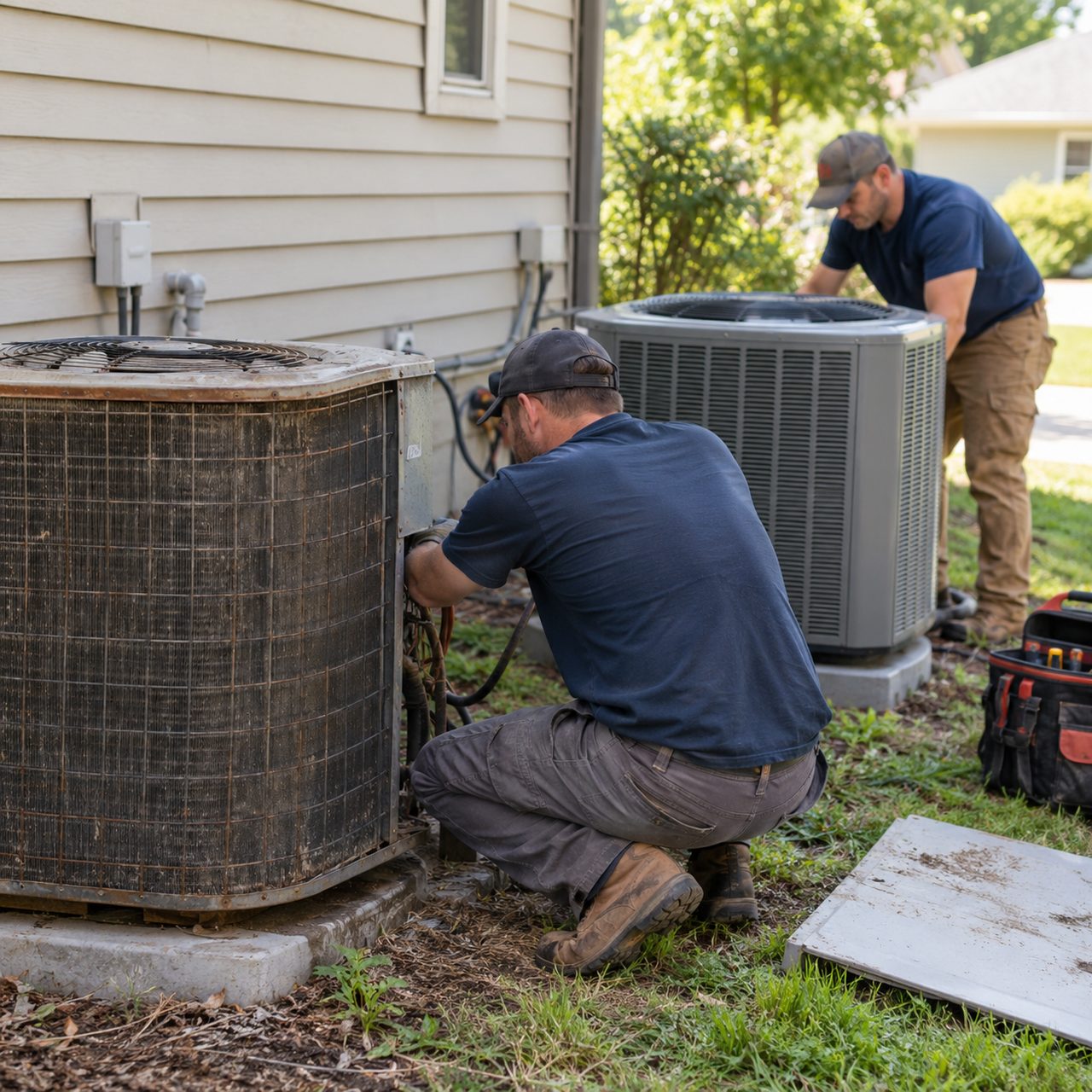 Technician disconnecting an aging condenser beside its new unit during AC replacement in Bentonville - AR