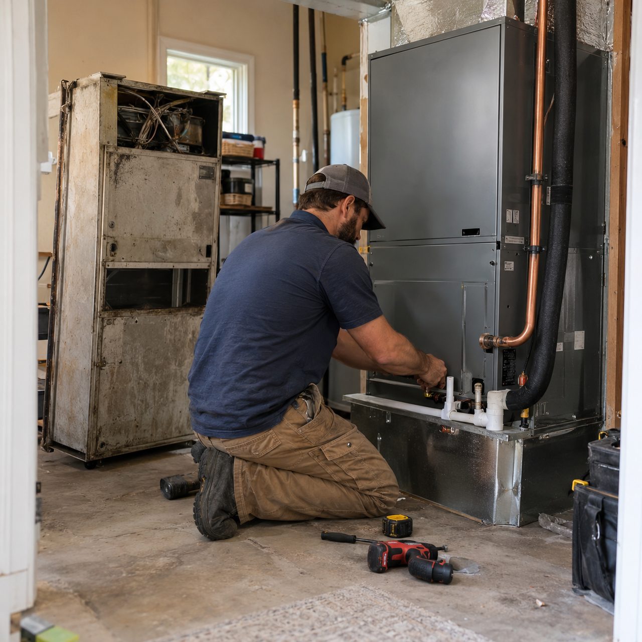 Technician setting up a new indoor air handler next to the old unit for AC replacement in Rogers - AR
