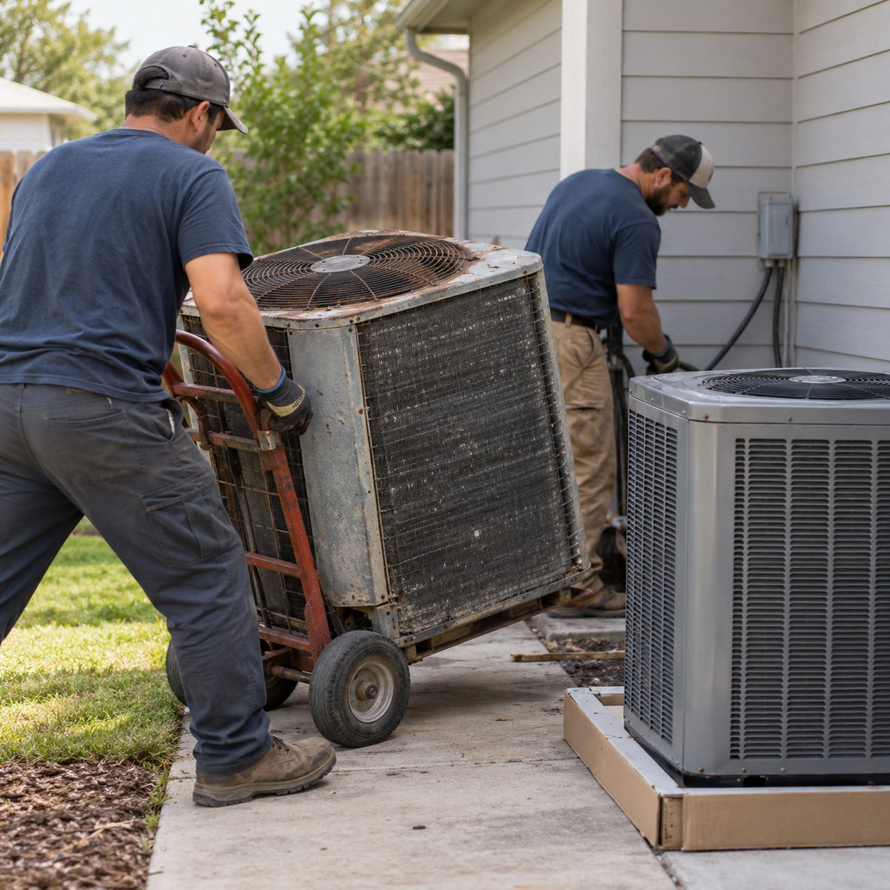 Crew member wheels an old condenser away on a hand truck during AC replacement in Bella Vista - AR