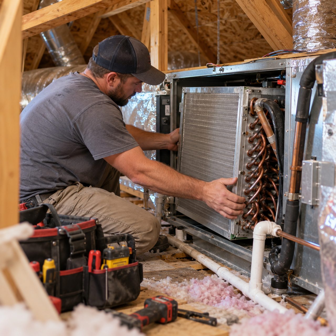 Technician fitting a new evaporator coil above the furnace as part of AC replacement in Bentonville - AR, New evaporator coil being slid into the attic furnace cabinet for AC replacement in Fayetteville - AR