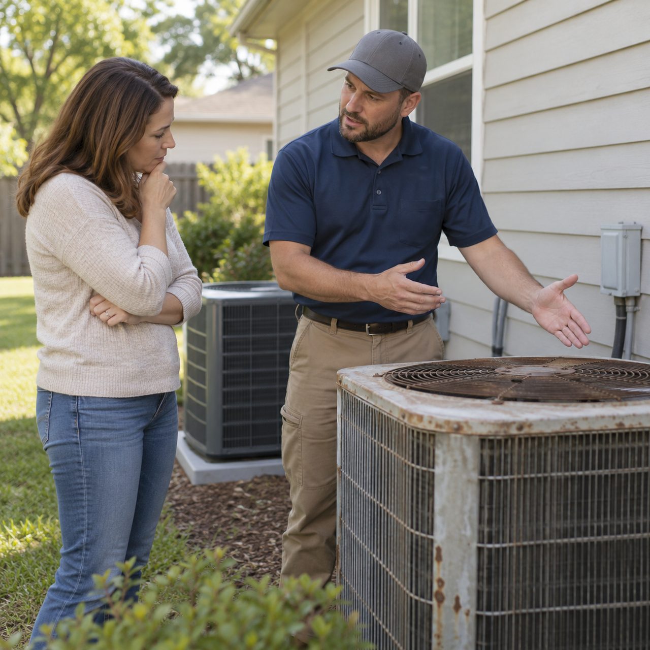 Technician walks a homeowner through old and new outdoor units during AC replacement in Rogers - AR, Homeowner listens as a technician compares the old and new condensers for AC replacement in Springdale - AR