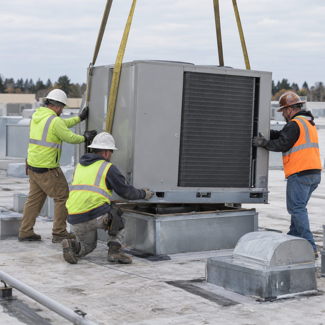 Crew guiding a crane-lifted rooftop cooling unit into place for AC replacement in Bella Vista - AR