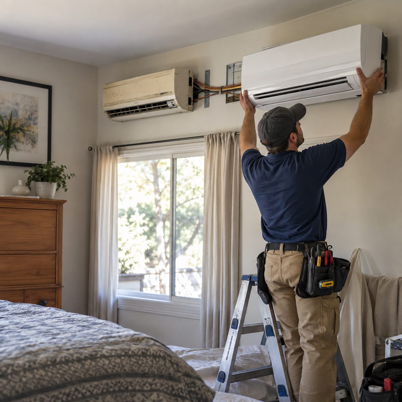 Technician mounting a ductless indoor unit on a bedroom wall during AC replacement in Fayetteville - AR
