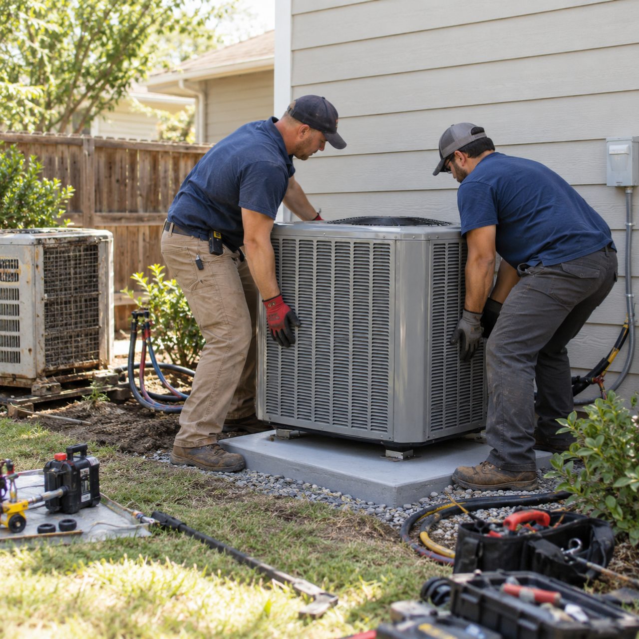 Two technicians lowering a new condenser onto its concrete pad during AC replacement in Springdale - AR